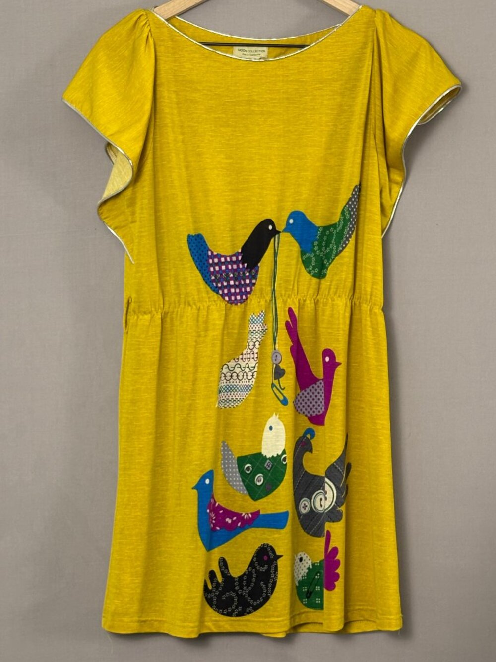 Moon Collection Mustard Yellow Bird Print Tunic Dress Boho Folk Art S M
